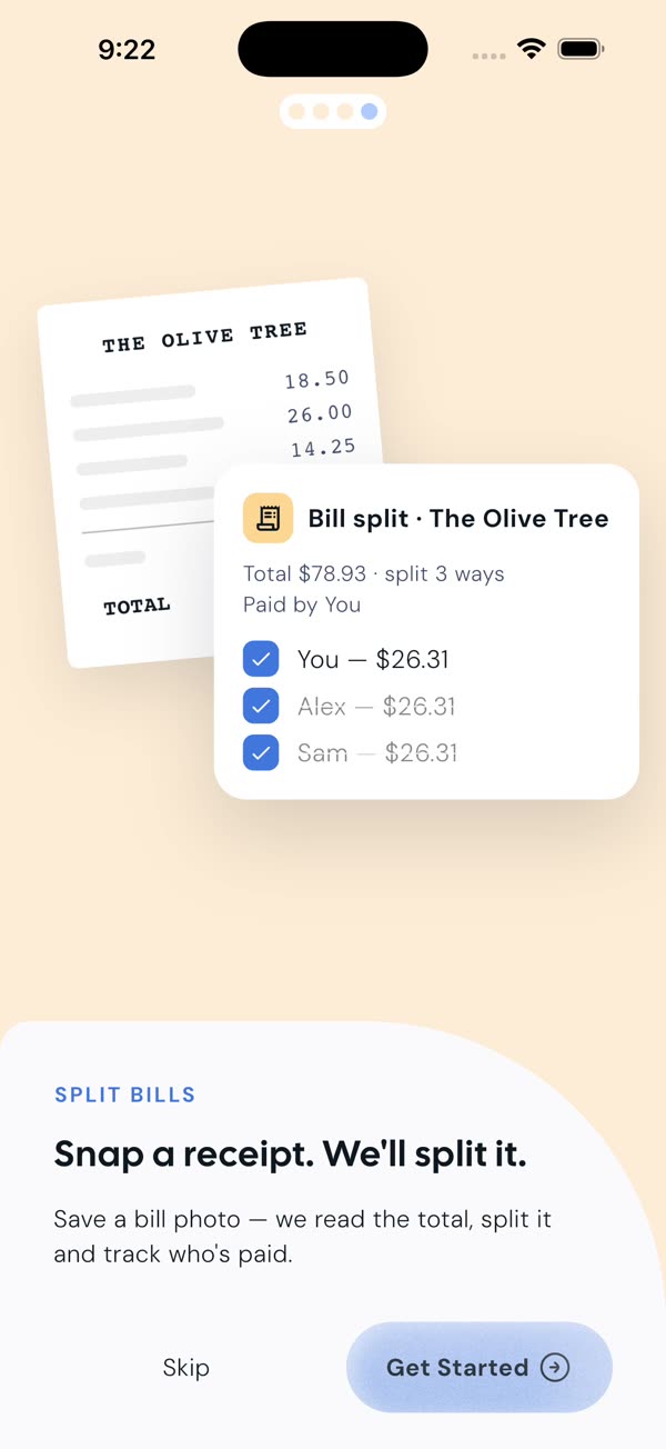 EZ Save bill split card showing a total split three ways with who has paid