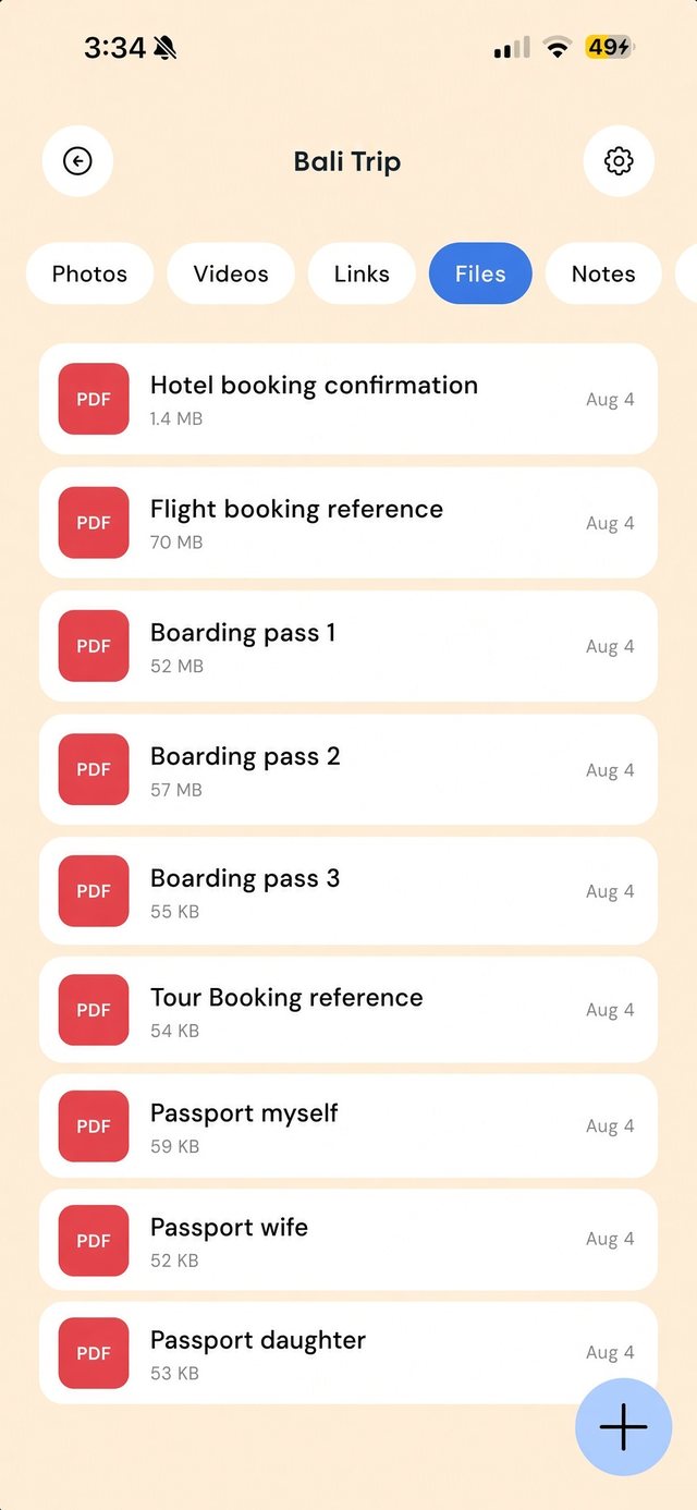 The Files tab of the same folder listing saved PDFs — bookings, boarding passes and travel documents