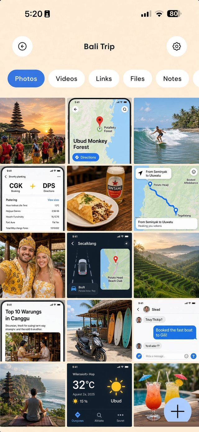 A Bali Trip folder in EZ Save showing saved photos, maps, screenshots and links in a grid