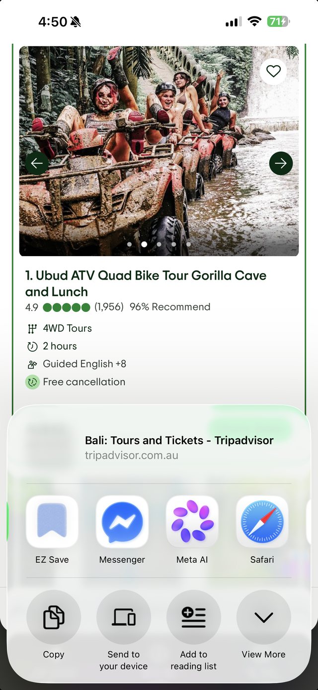 The iOS share sheet showing EZ Save as a save destination from a web page