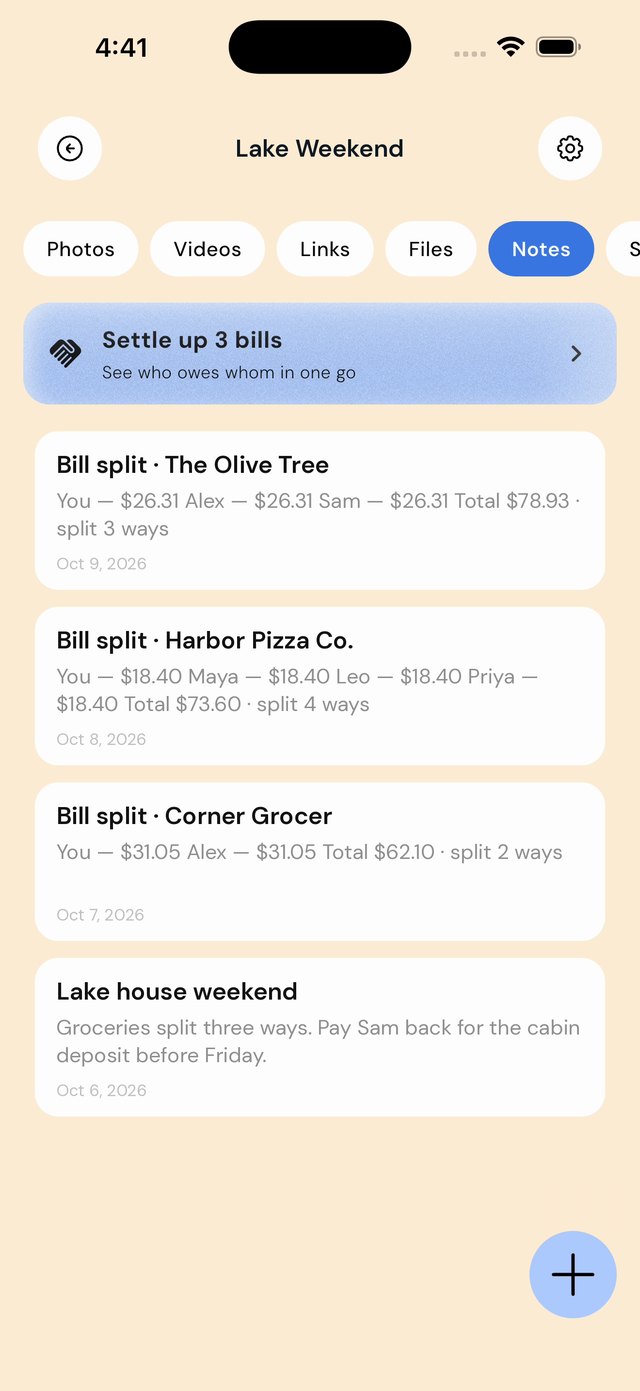 A Lake Weekend folder in EZ Save with three bill splits and a Settle up card