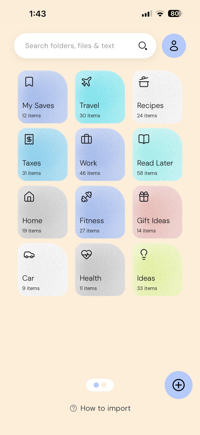 EZ Save home screen with folders for travel, recipes, taxes, work, reading, home, fitness and gift ideas