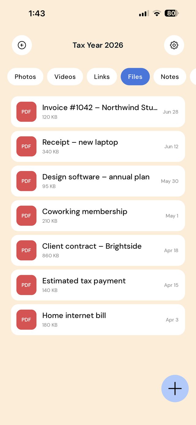 A Tax Year 2026 folder in EZ Save listing invoices, receipts, subscriptions and a tax payment confirmation