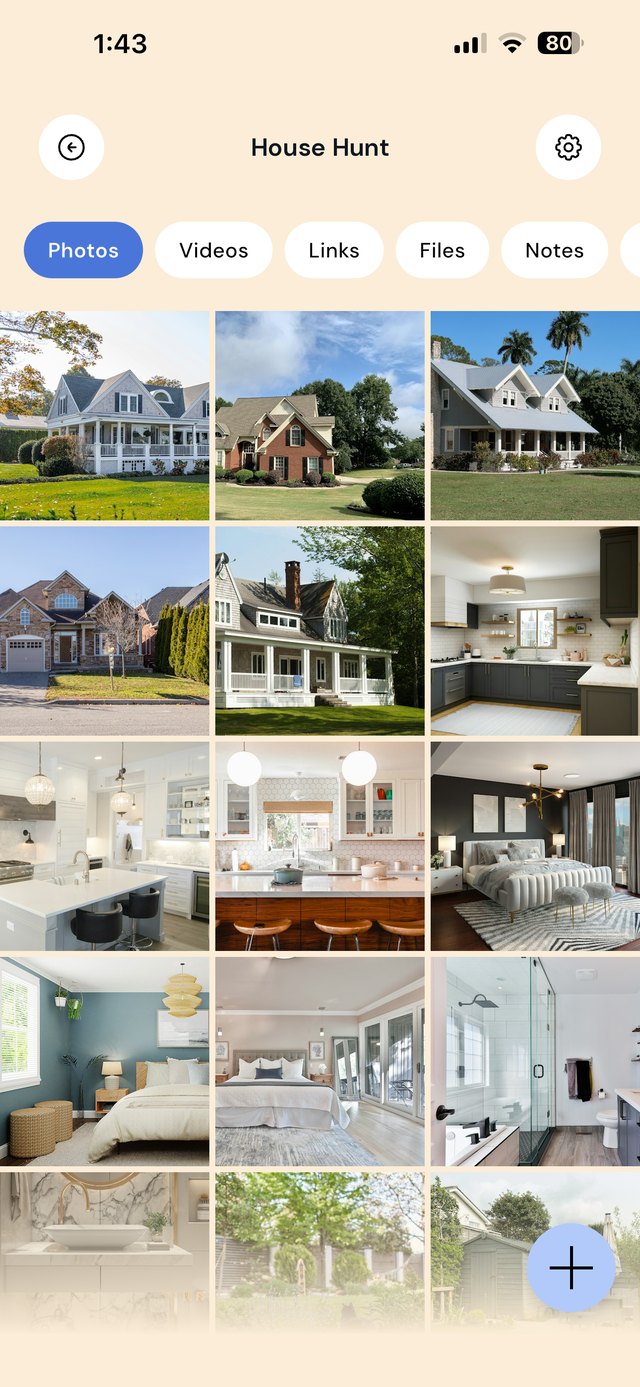 A House Hunt folder in EZ Save showing saved home photos in a visual grid