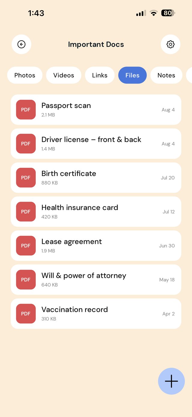 An Important Docs folder in EZ Save with a passport scan, driver license, birth certificate and lease