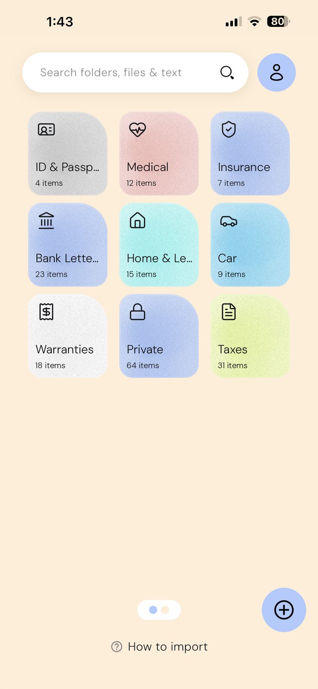 EZ Save home screen with private folders for ID, medical, insurance, bank letters and taxes