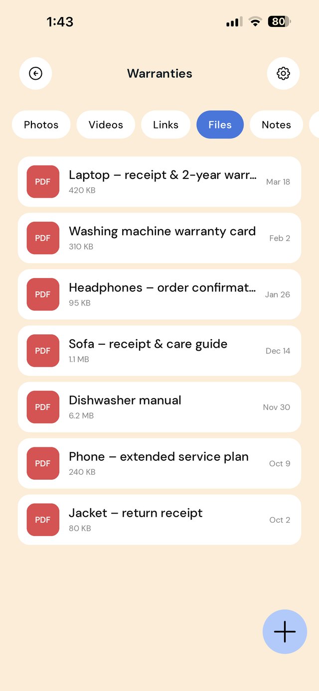 A Warranties folder in EZ Save listing a laptop receipt and warranty, a washing machine warranty card, an order confirmation, a manual and a service plan