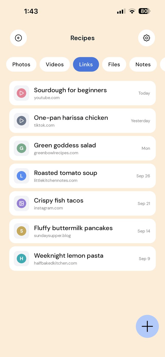 A Recipes folder in EZ Save with saved recipe videos from YouTube, TikTok and Instagram, plus recipe pages