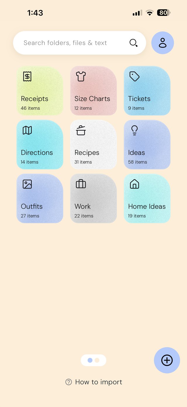 EZ Save home screen with folders for receipts, size charts, tickets, directions, recipes, ideas and outfits