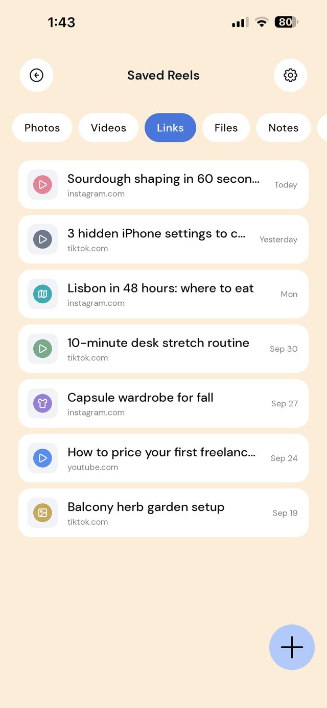 A Saved Reels folder in EZ Save with links saved from Instagram, TikTok and YouTube