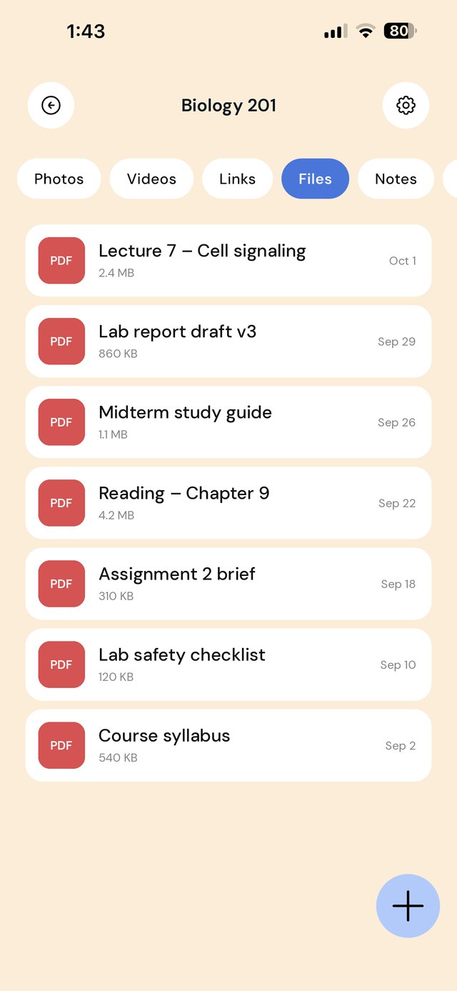 A Biology 201 folder in EZ Save listing lecture PDFs, a lab report draft, a study guide and readings