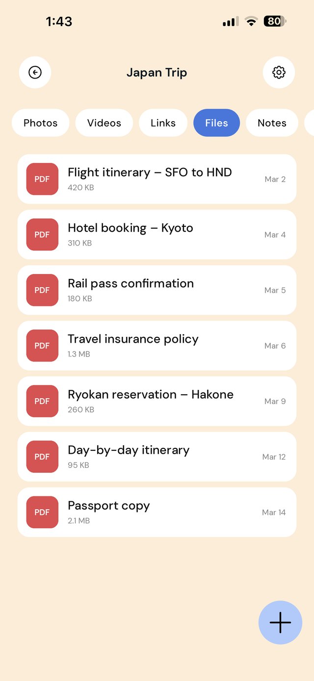 A trip folder in EZ Save with flight, hotel, rail pass and insurance documents together